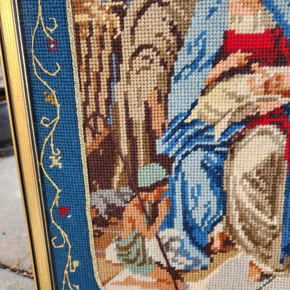 Vtg Nativity Scene Needlepoint Finished art Framed 15.5 X 19.5